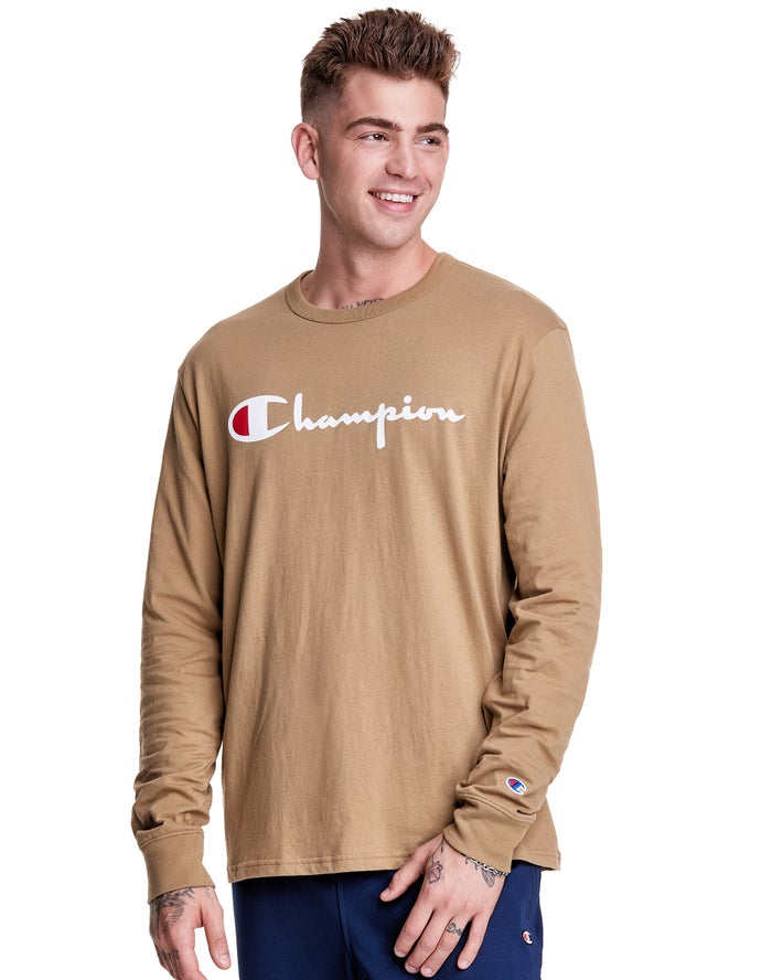 Champion Long-Sleeve Lightweight Script Logo - Miesten Khaki T-Paita - Suomi 4203768-TS